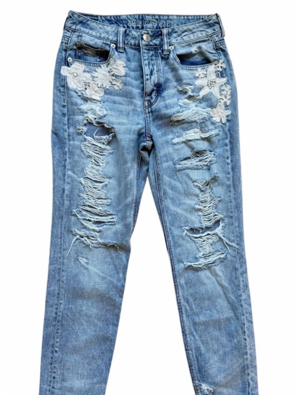 Light Wash Distressed Tomgirl Jeans with Lace Appliqué